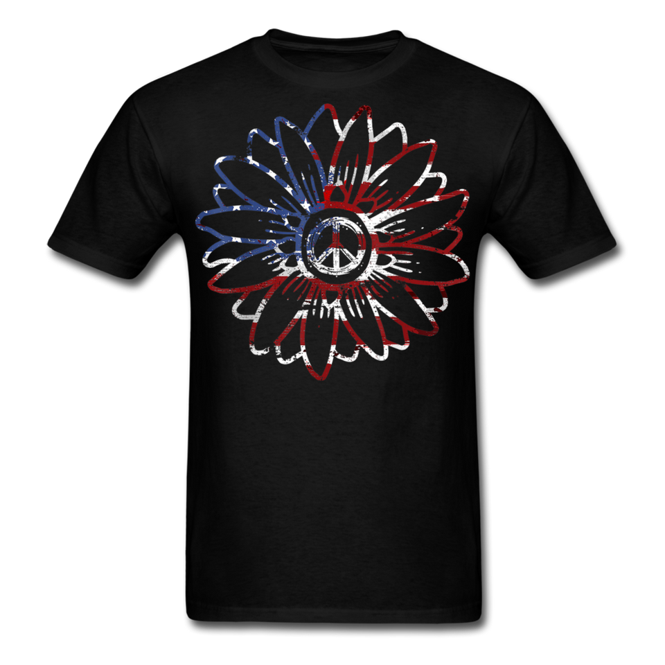 USA American Flag Sunflower 60s Peace T-Shirt - black