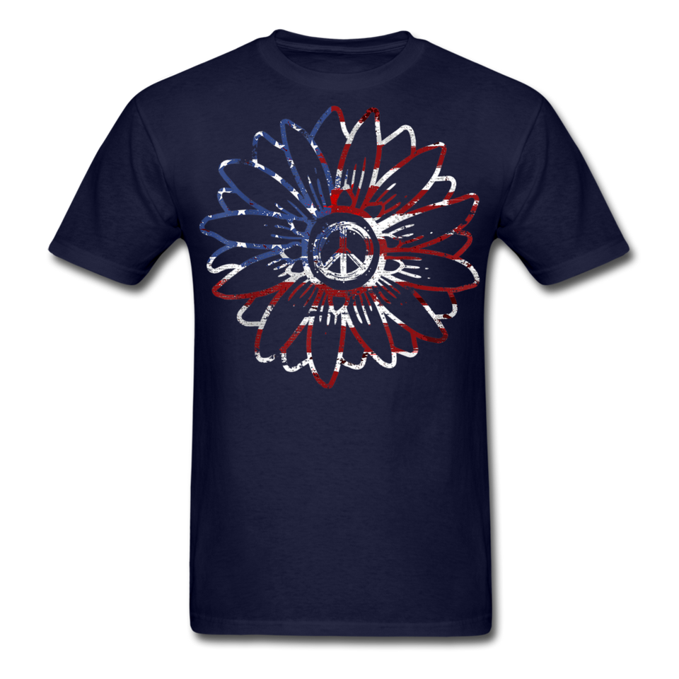 USA American Flag Sunflower 60s Peace T-Shirt - navy