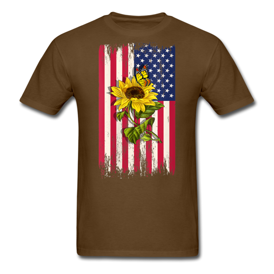 Womens Patriotic Design - American Flag And Sunflower And Butterfly V-Neck T-Shirt - brown