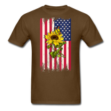 Womens Patriotic Design - American Flag And Sunflower And Butterfly V-Neck T-Shirt - brown