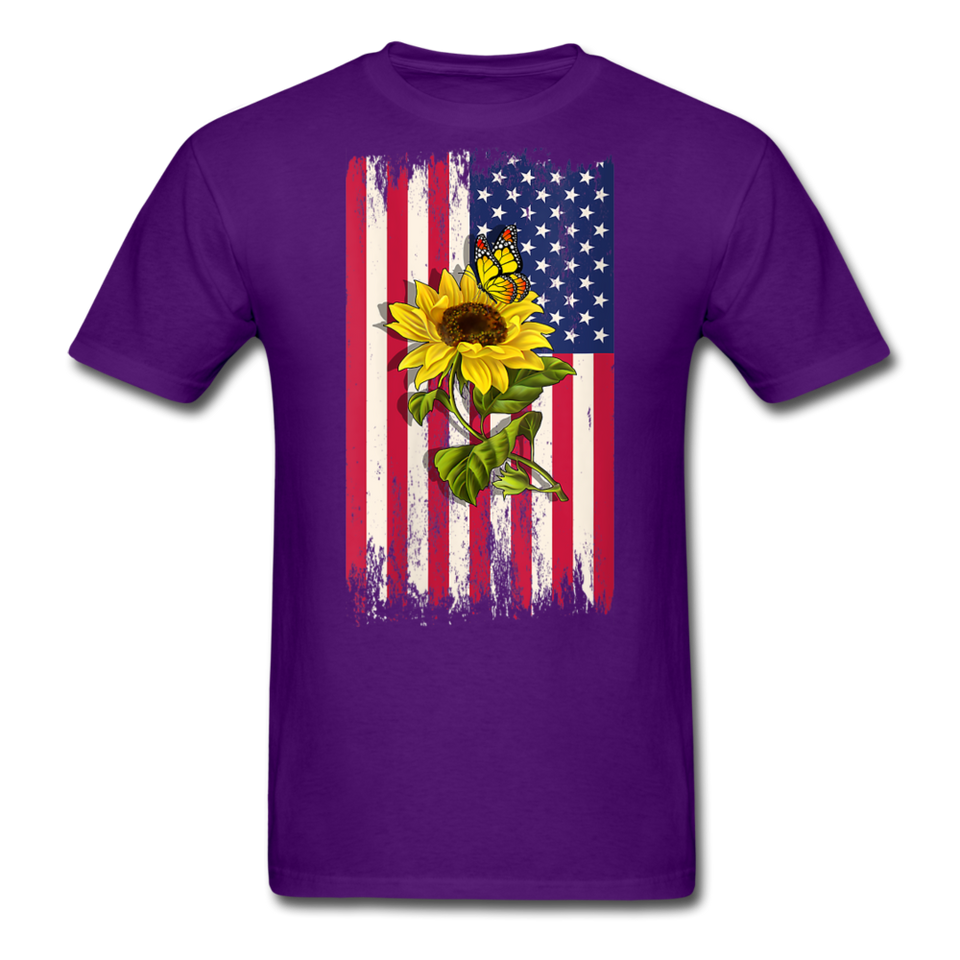 Womens Patriotic Design - American Flag And Sunflower And Butterfly V-Neck T-Shirt - purple
