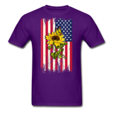 Womens Patriotic Design - American Flag And Sunflower And Butterfly V-Neck T-Shirt - purple