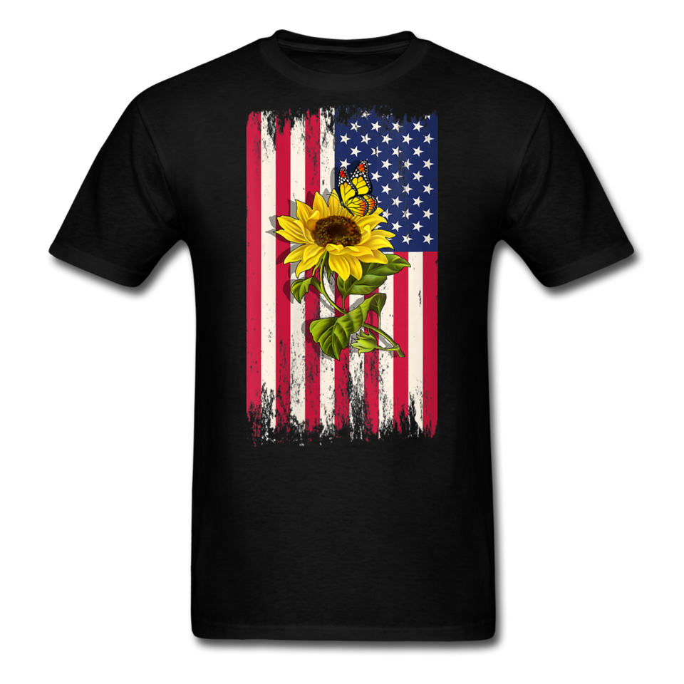 Womens Patriotic Design - American Flag And Sunflower And Butterfly V-Neck T-Shirt - black