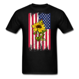 Womens Patriotic Design - American Flag And Sunflower And Butterfly V-Neck T-Shirt - black
