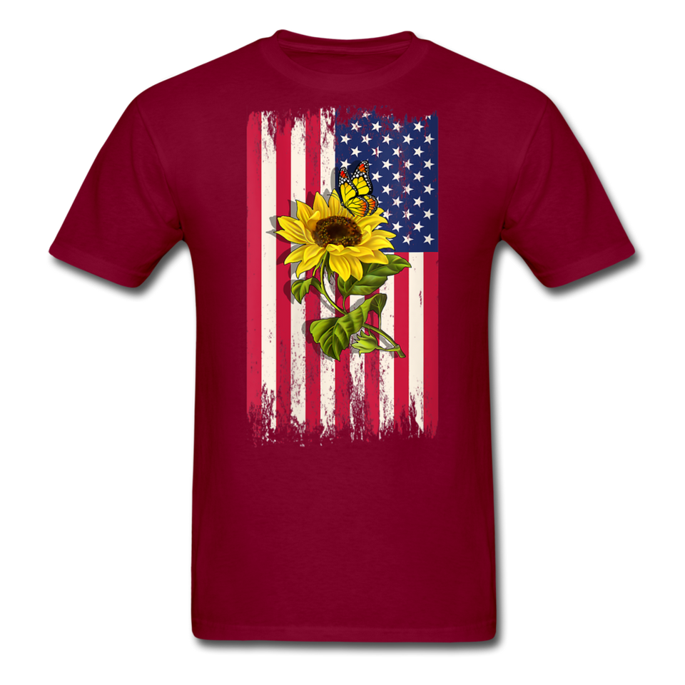 Womens Patriotic Design - American Flag And Sunflower And Butterfly V-Neck T-Shirt - burgundy