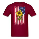 Womens Patriotic Design - American Flag And Sunflower And Butterfly V-Neck T-Shirt - burgundy