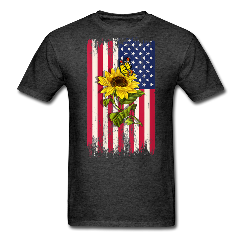 Womens Patriotic Design - American Flag And Sunflower And Butterfly V-Neck T-Shirt - heather black