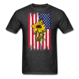 Womens Patriotic Design - American Flag And Sunflower And Butterfly V-Neck T-Shirt - heather black