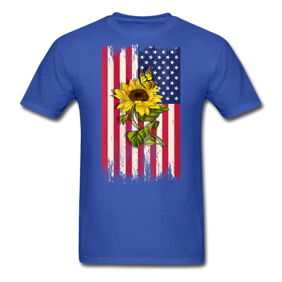 Womens Patriotic Design - American Flag And Sunflower And Butterfly V-Neck T-Shirt - royal blue