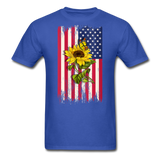 Womens Patriotic Design - American Flag And Sunflower And Butterfly V-Neck T-Shirt - royal blue