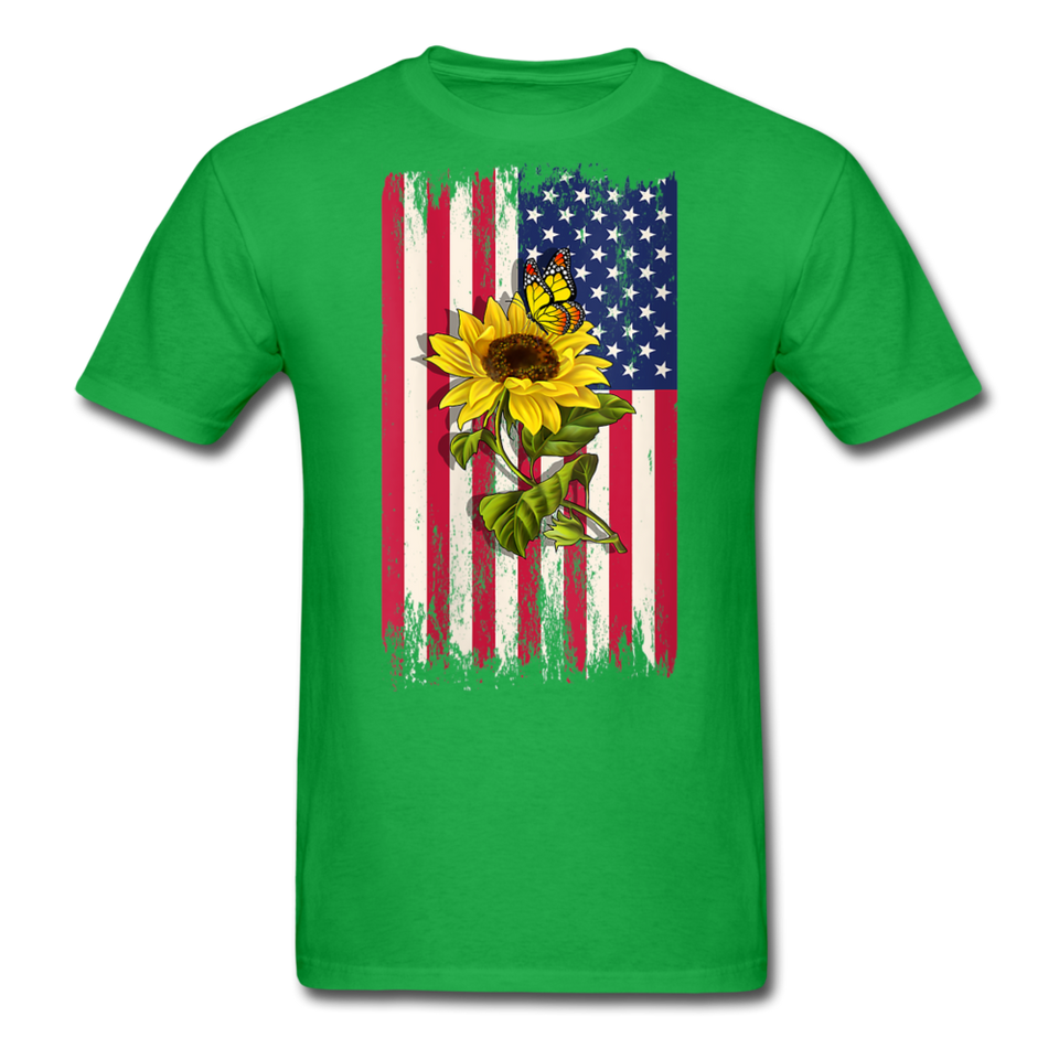 Womens Patriotic Design - American Flag And Sunflower And Butterfly V-Neck T-Shirt - bright green