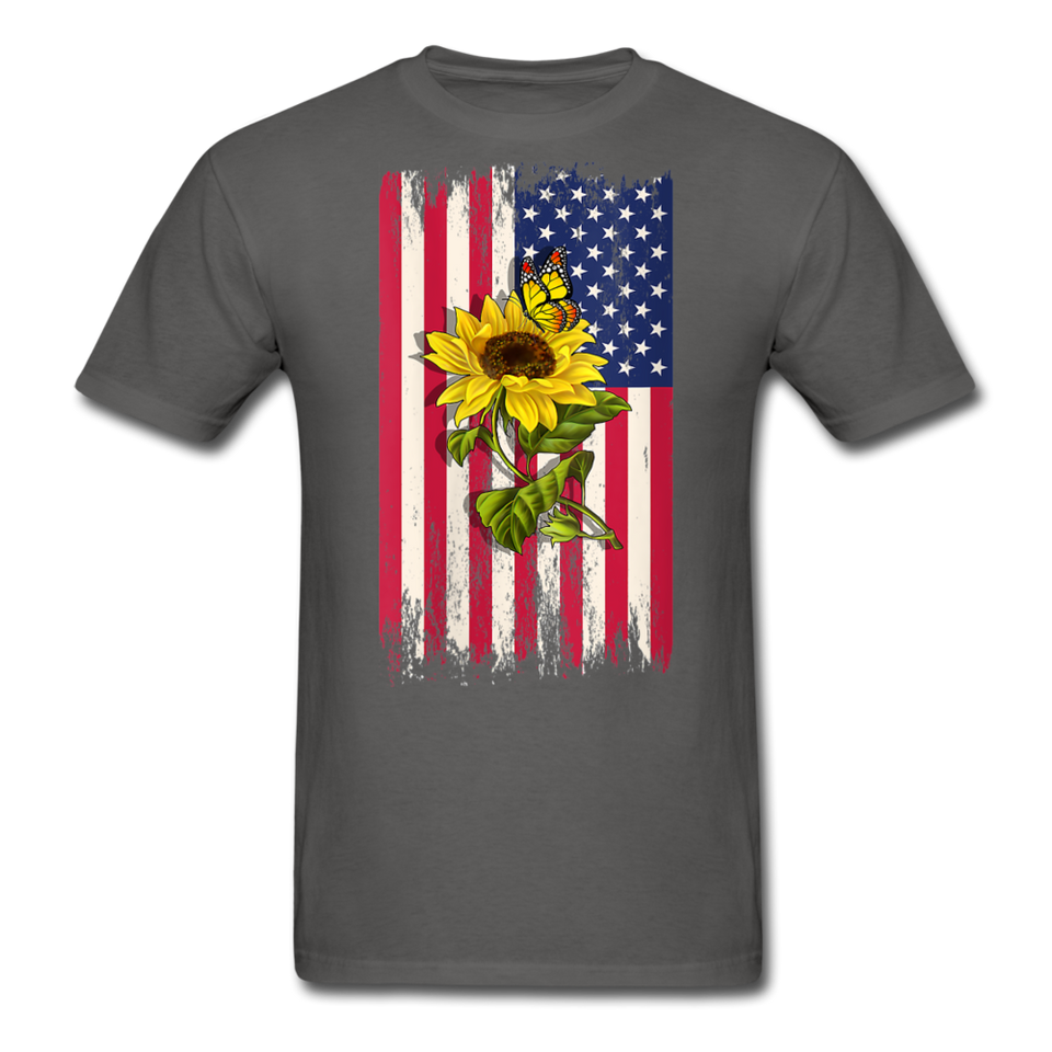 Womens Patriotic Design - American Flag And Sunflower And Butterfly V-Neck T-Shirt - charcoal