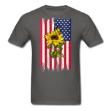 Womens Patriotic Design - American Flag And Sunflower And Butterfly V-Neck T-Shirt - charcoal