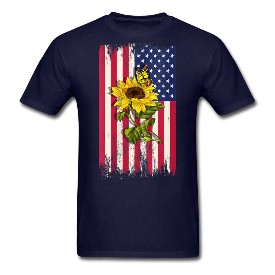 Womens Patriotic Design - American Flag And Sunflower And Butterfly V-Neck T-Shirt - navy