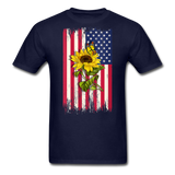 Womens Patriotic Design - American Flag And Sunflower And Butterfly V-Neck T-Shirt - navy
