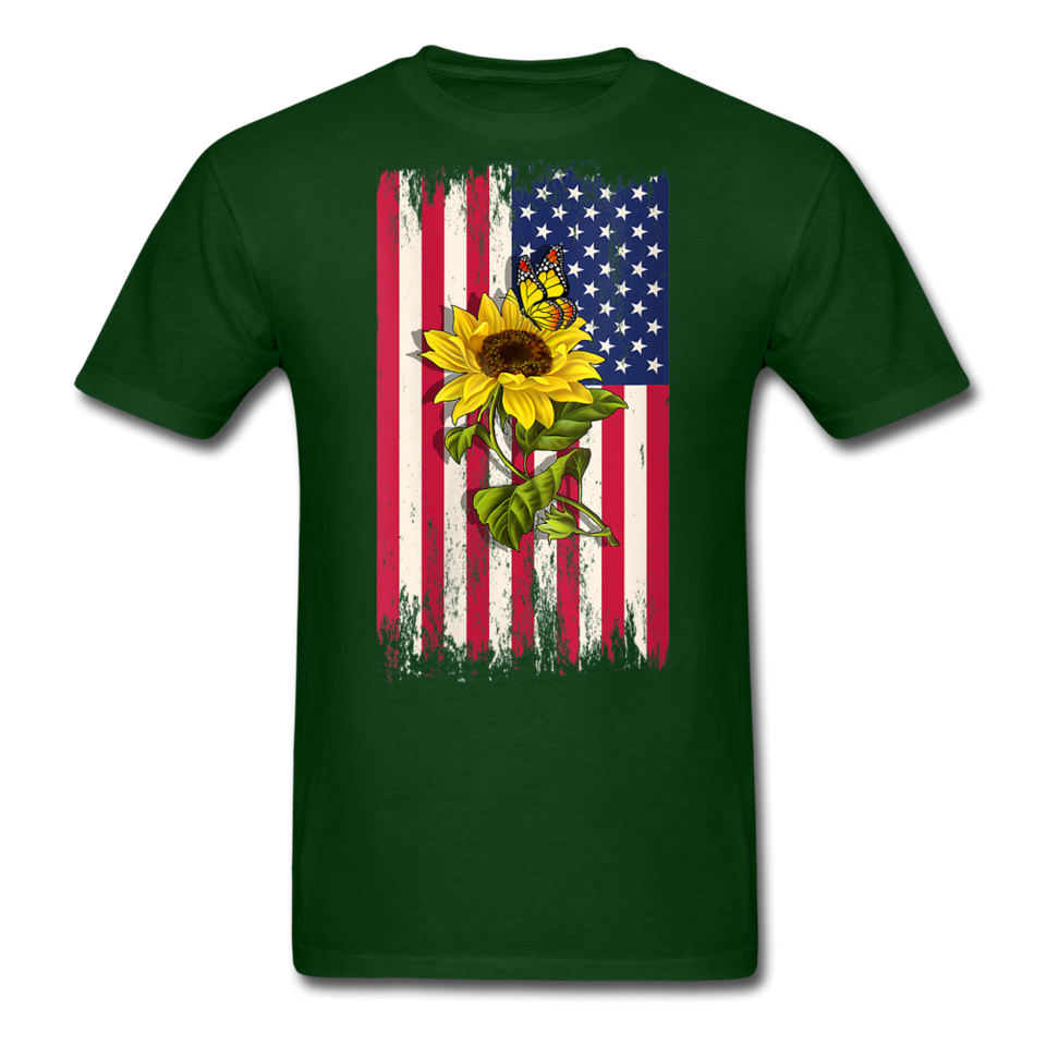 Womens Patriotic Design - American Flag And Sunflower And Butterfly V-Neck T-Shirt - forest green