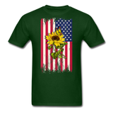 Womens Patriotic Design - American Flag And Sunflower And Butterfly V-Neck T-Shirt - forest green