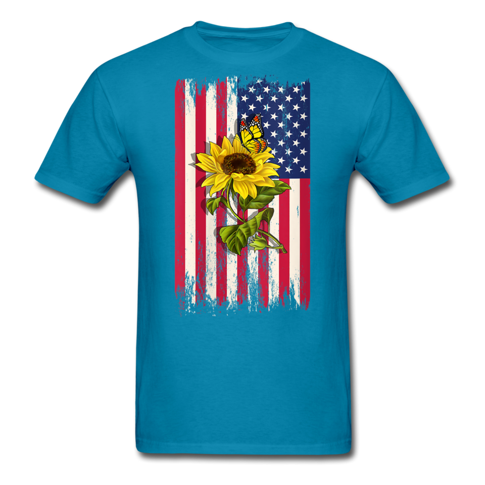 Womens Patriotic Design - American Flag And Sunflower And Butterfly V-Neck T-Shirt - turquoise