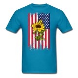 Womens Patriotic Design - American Flag And Sunflower And Butterfly V-Neck T-Shirt - turquoise