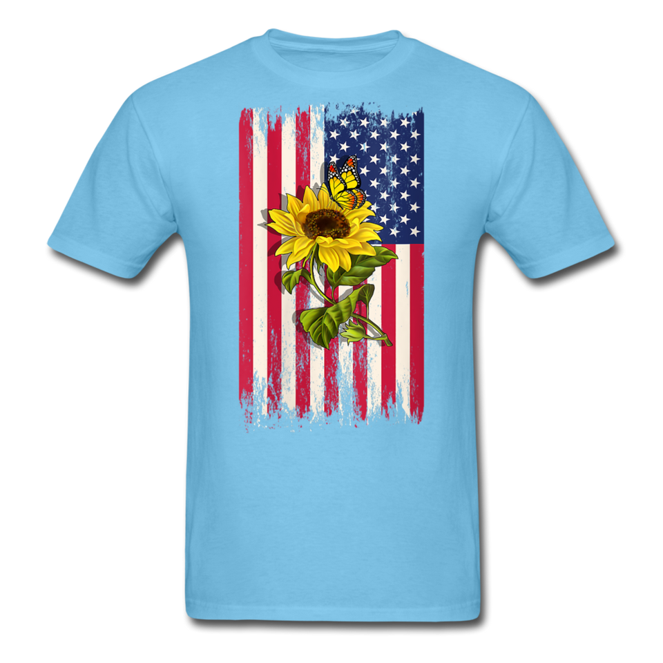 Womens Patriotic Design - American Flag And Sunflower And Butterfly V-Neck T-Shirt - aquatic blue
