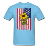 Womens Patriotic Design - American Flag And Sunflower And Butterfly V-Neck T-Shirt - aquatic blue