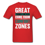 Motivation shirt Great Things Never Come From Comfort Zones motivational T-Shirt - red