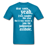 Dear Santa You Fat Asshole Naughty List Xmas Sarcastic Tee - turquoise